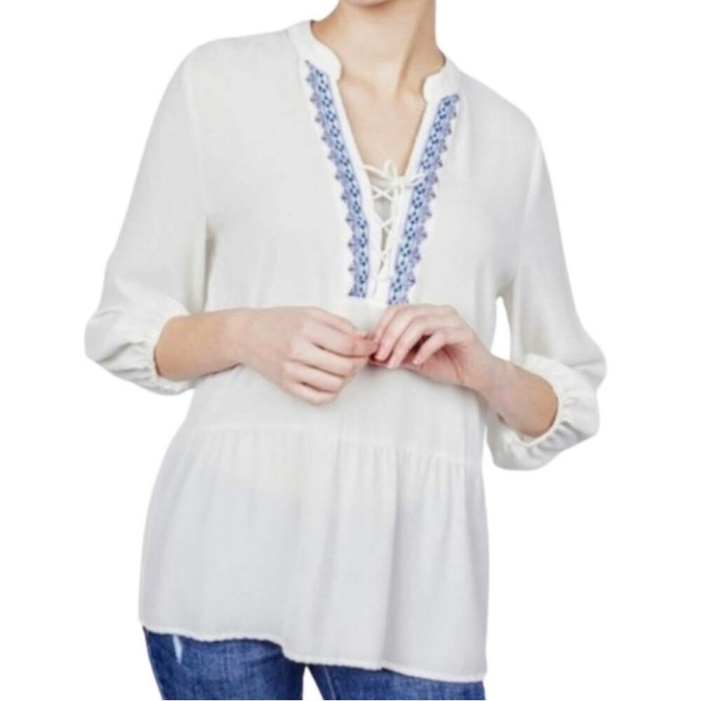 L Octavia White Peplum Boho Embroidered Lace Up Bust Flowy Peasant Blouse Top